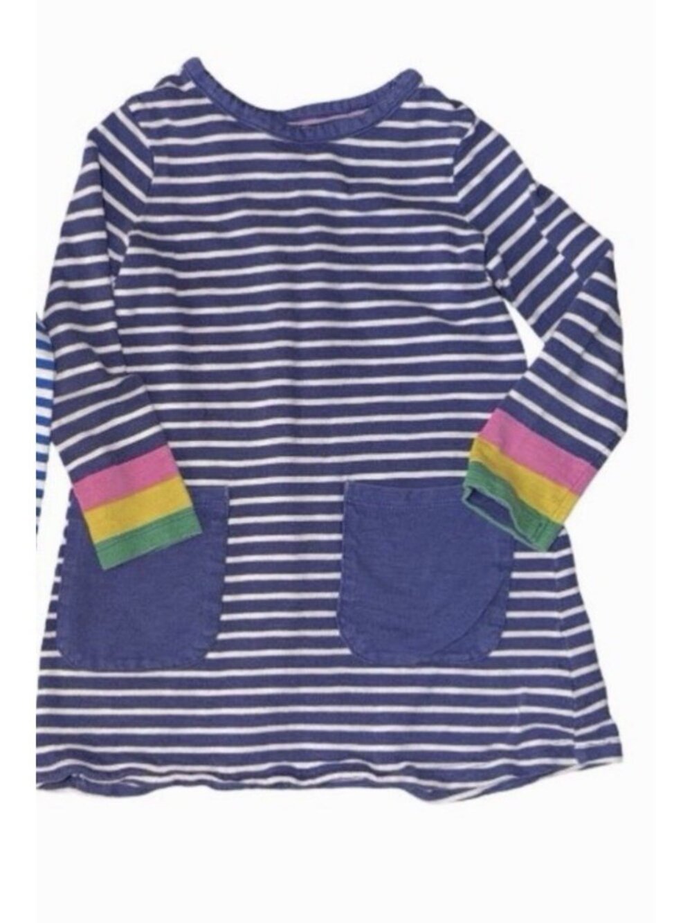 Mini Boden 5-6Y White And Blue Striped Rainbow Cuff dress Nautical Coastal